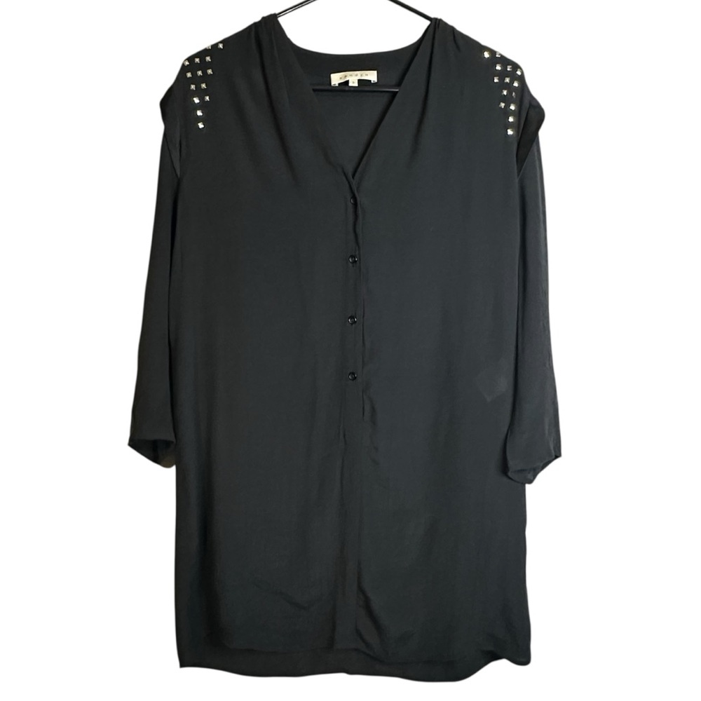 Sandro Black Studded Women's Top Tunic Pleated Shoulders Rivets Tunisia Size 3/L